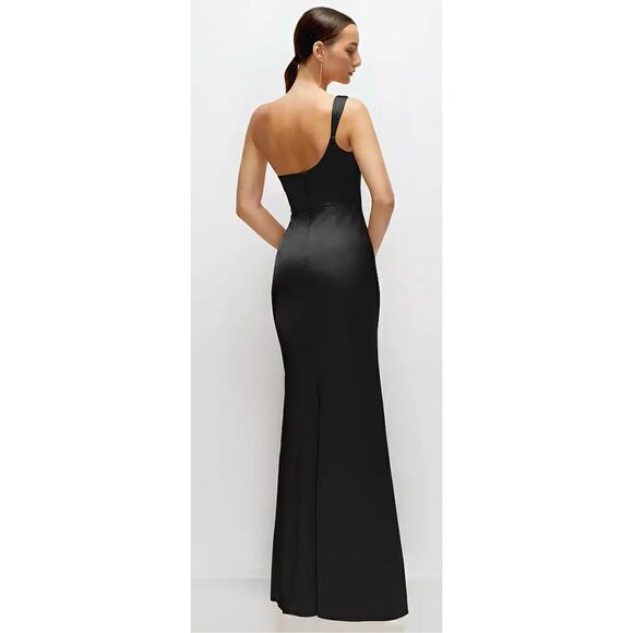 After Six NWT Black One-Shoulder Cat-Eye Neckline Satin Maxi Dress Formal 6 - Picture 2 of 8